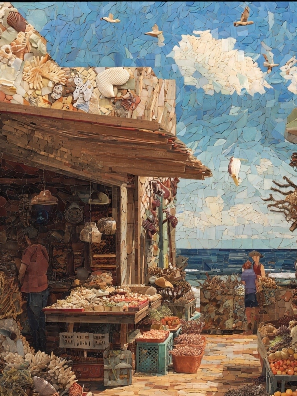 Coastal Market Mosaic Wall Art Print - Blue, Tan & Brown